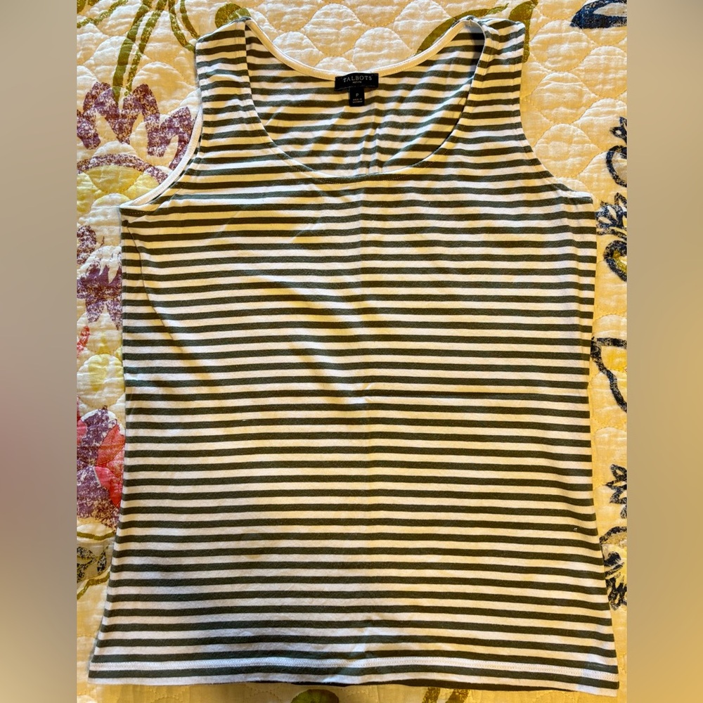 Talbots Olive & White Striped Tank Top Petite/XS